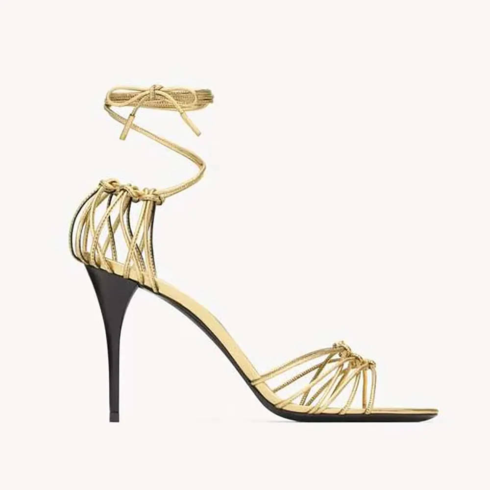 Front view of Saint Laurent YSL Women Babylone Sandals in metallic gold leather
