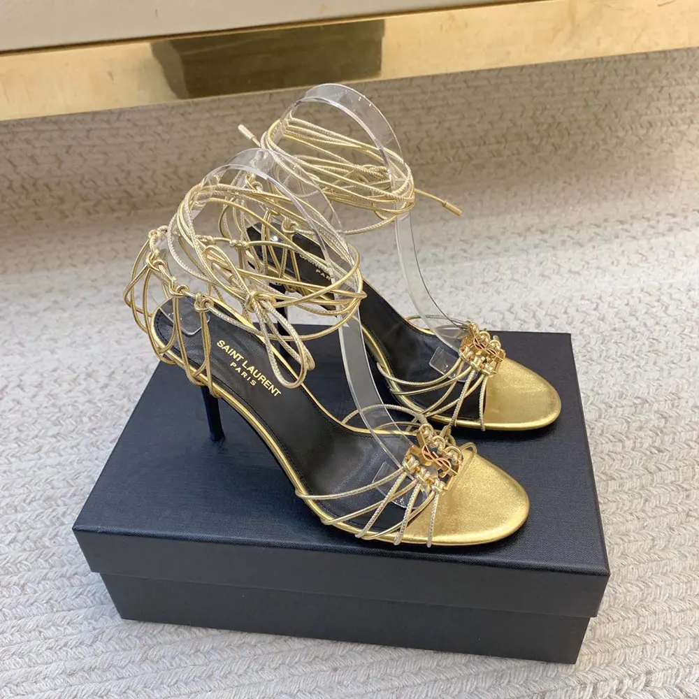 Side profile showing stiletto heel on Saint Laurent YSL Babylone Sandals
