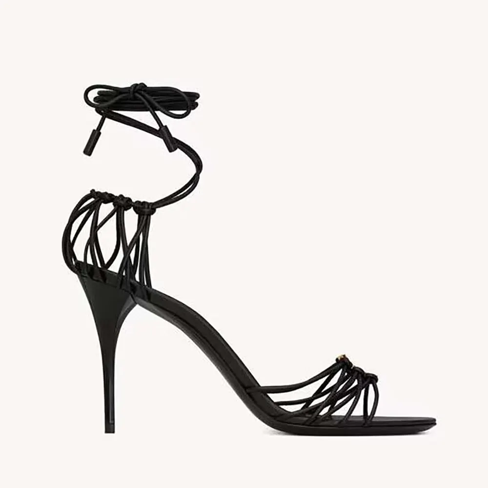 Side view of Saint Laurent YSL Women Babylone Sandals in smooth black leather