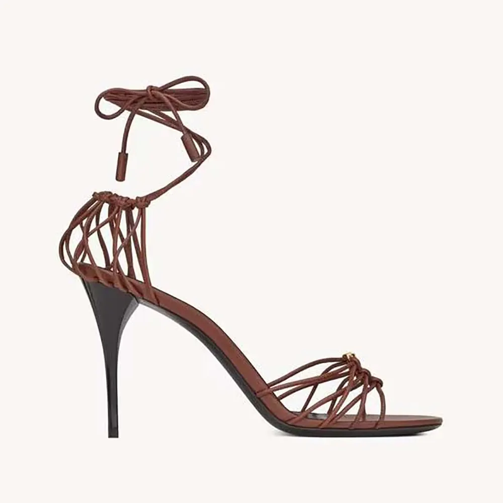 Front profile of Saint Laurent YSL Women Babylone Sandals in brown leather