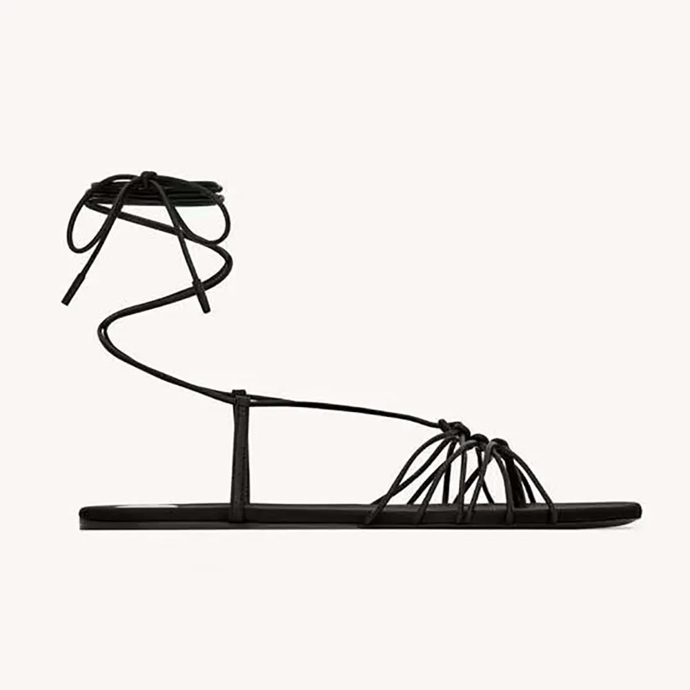 Side view of Saint Laurent YSL Women Babylone Sandals in smooth black leather