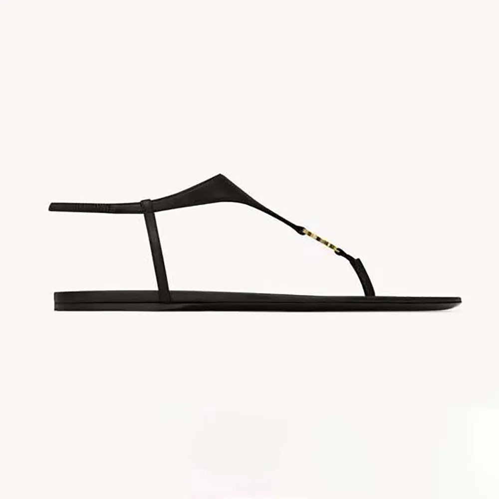 Side profile of Saint Laurent YSL Women Cassandra Sandals in black smooth leather