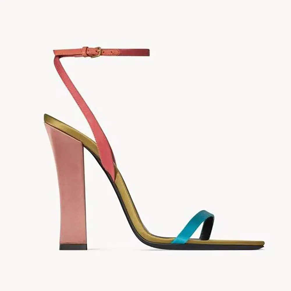 Side angle of Saint Laurent YSL Women Dominique Sandals in pink satin crepe