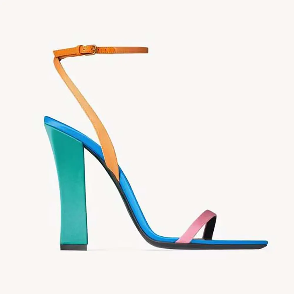 Side view of Saint Laurent YSL Women Dominique Sandals in blue satin crepe