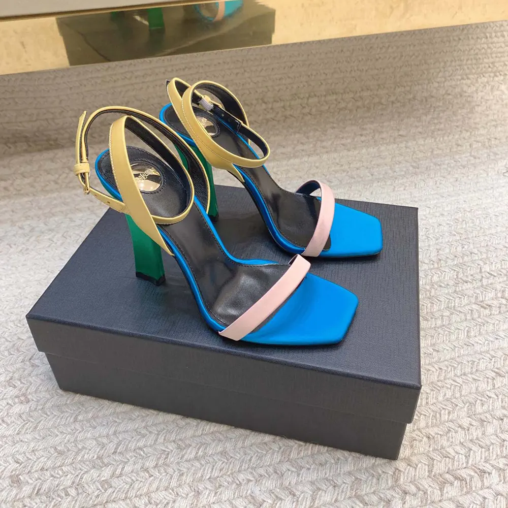 Rear angle showing high heel and adjustable buckle on Dominique Sandals