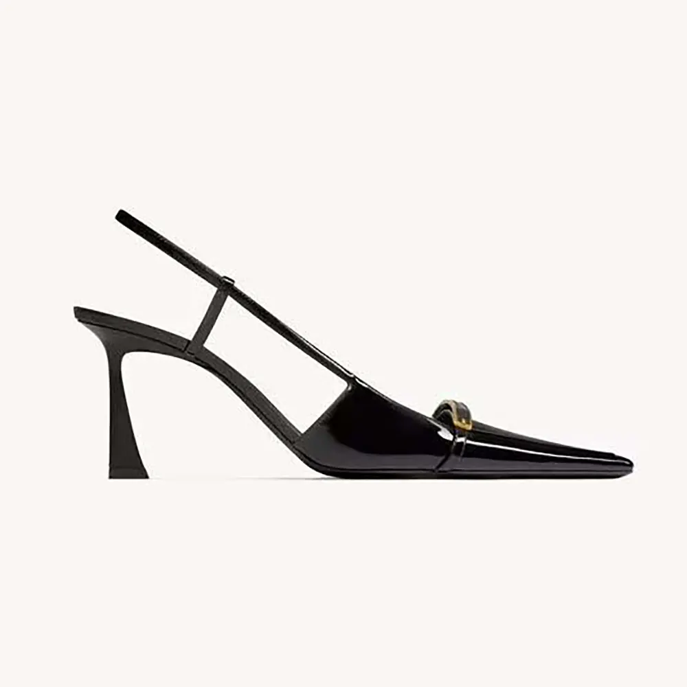 Side view of Saint Laurent YSL Women Jacqueline Slingback Pumps in black patent leather