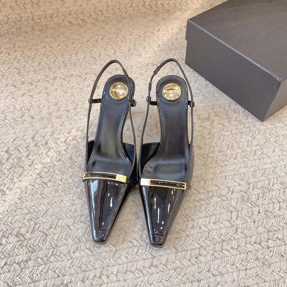 Close-up on gold YSL buckle detail of Jacqueline Slingback Pumps
