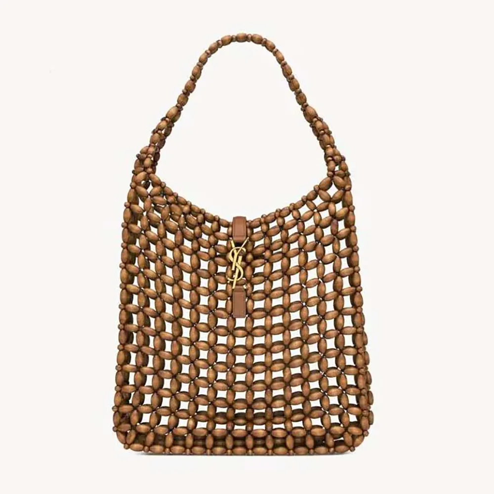 Front view of Saint Laurent YSL Women Le 5 A 7 Large in Wood Beads-Brown bag