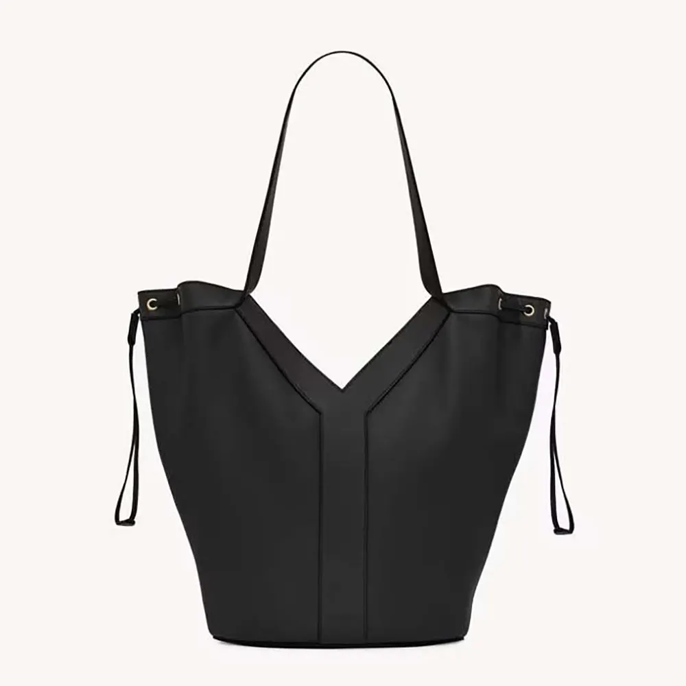 Front view of Saint Laurent YSL Women Y Large Hobo in Leather-Black
