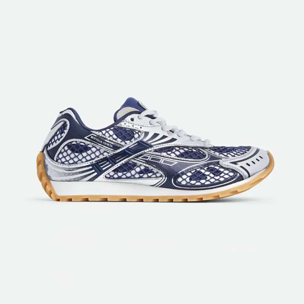 Side profile of Bottega Veneta Unisex Orbit Sneaker-Navy showing silhouette
