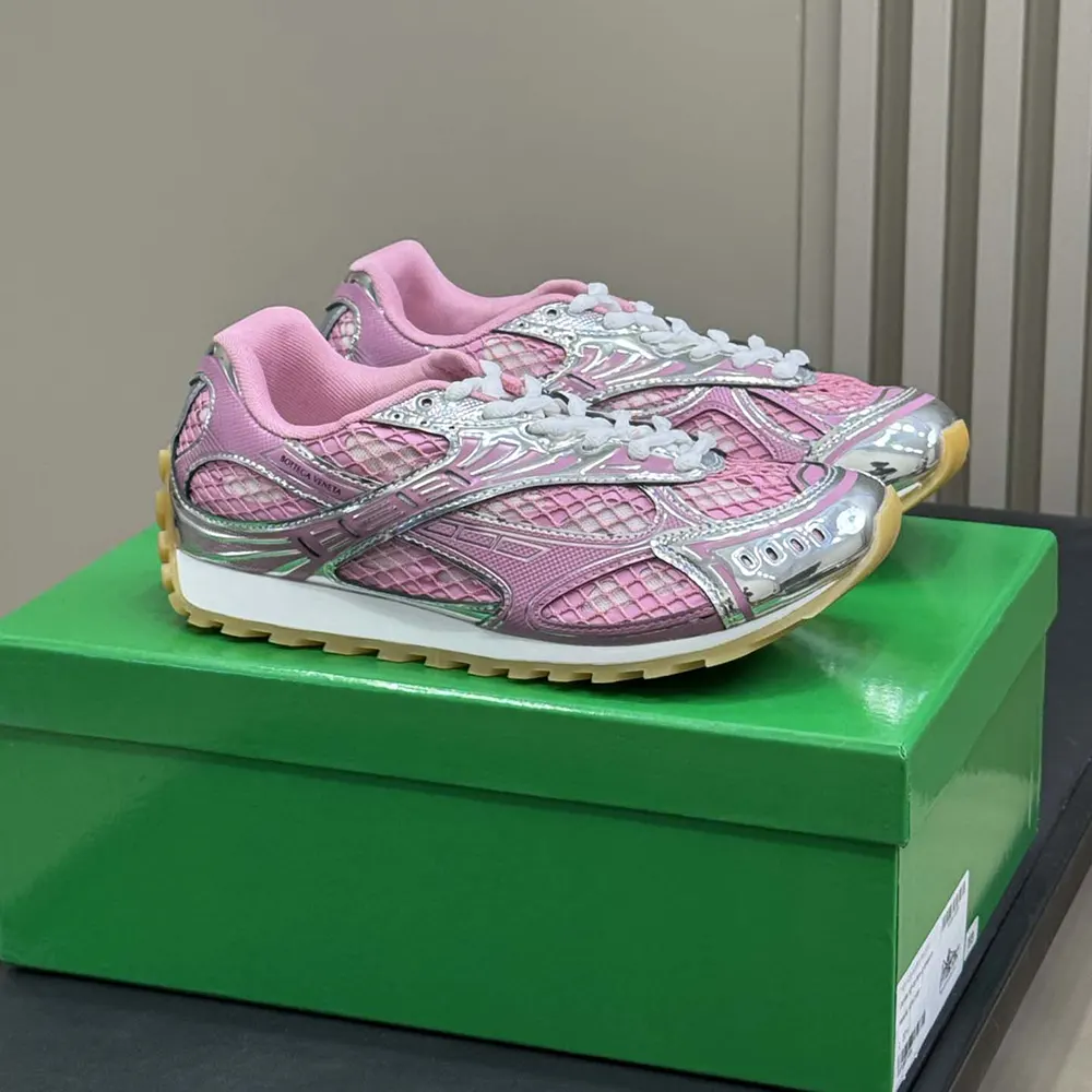 Close-up of pink leather and embossed logo on Bottega Veneta sneaker