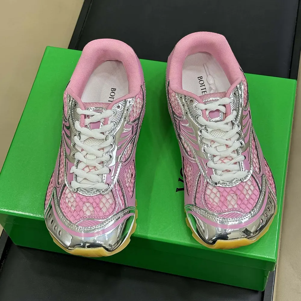 Top angle of Bottega Veneta Unisex Orbit Sneaker-Pink laces and interior