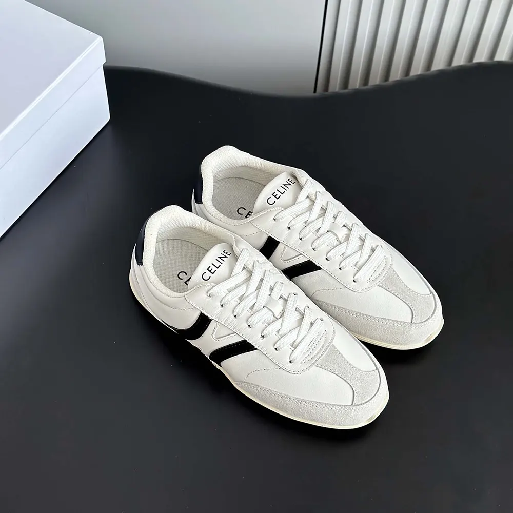Overhead shot showing smooth white calfskin of Celine Unisex Jogger Sneaker