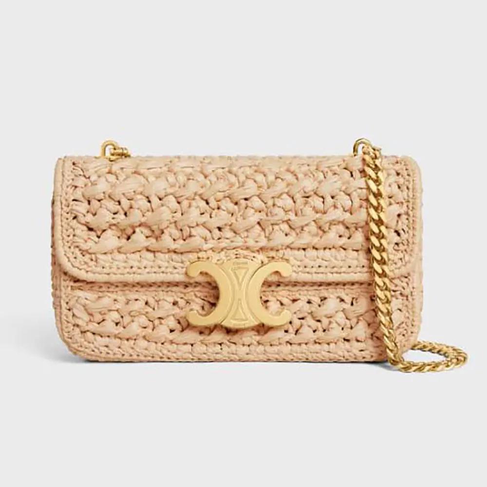Front view of Celine Women Chain Shoulder Bag Claude in raffia effect textile