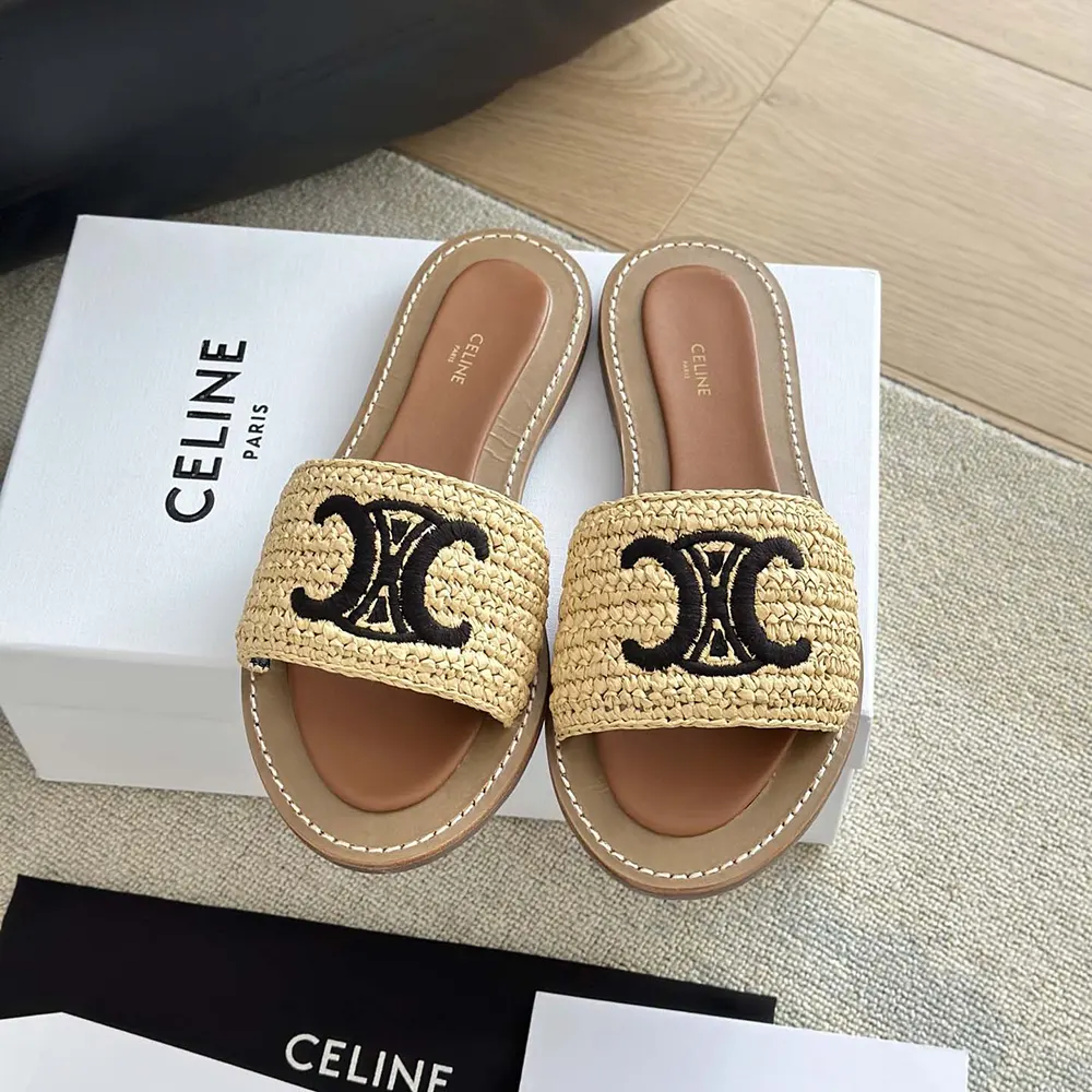 Close-up of raffia weave and gold-tone detail on Celine Women Lympia Mule
