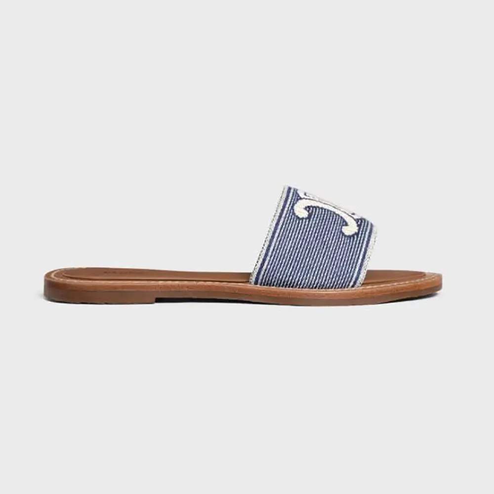 Side view of Celine Women Lympia Mule in navy striped textile