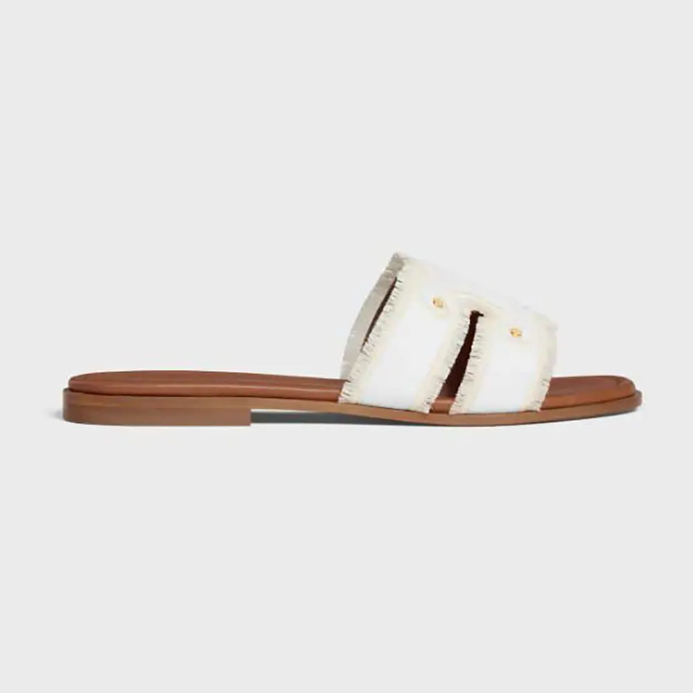 Side view of Celine Women Marina Mule in Fringed Canvas-White