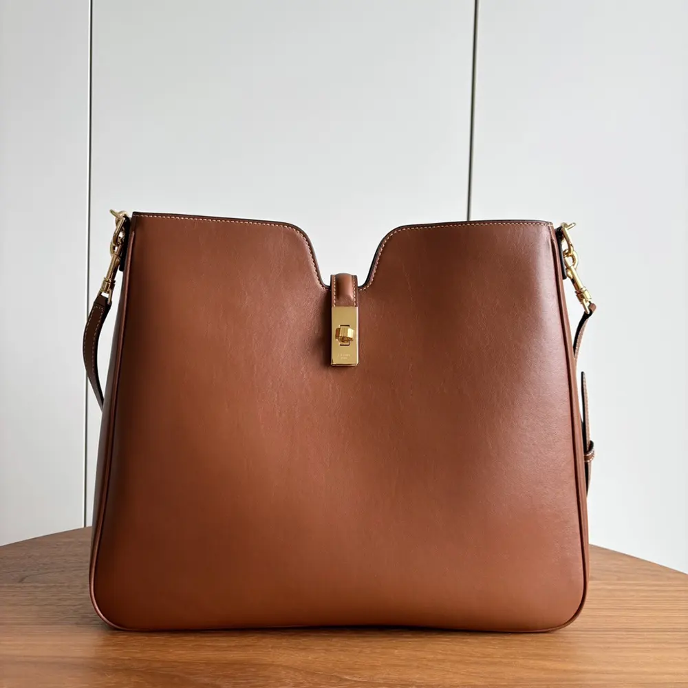 Close-up of gold-tone hardware and smooth leather on Celine Camille 16 bag