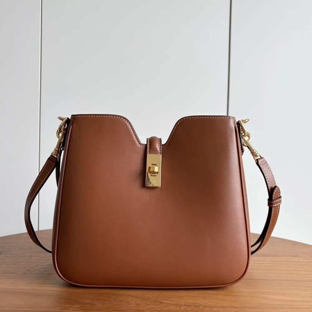 Close-up of gold hardware and smooth leather on Celine Small Camille 16 bag