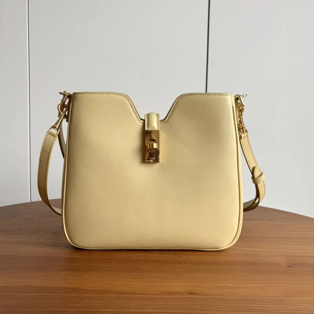 Close-up of smooth calfskin and gold hardware on Celine Small Camille bag