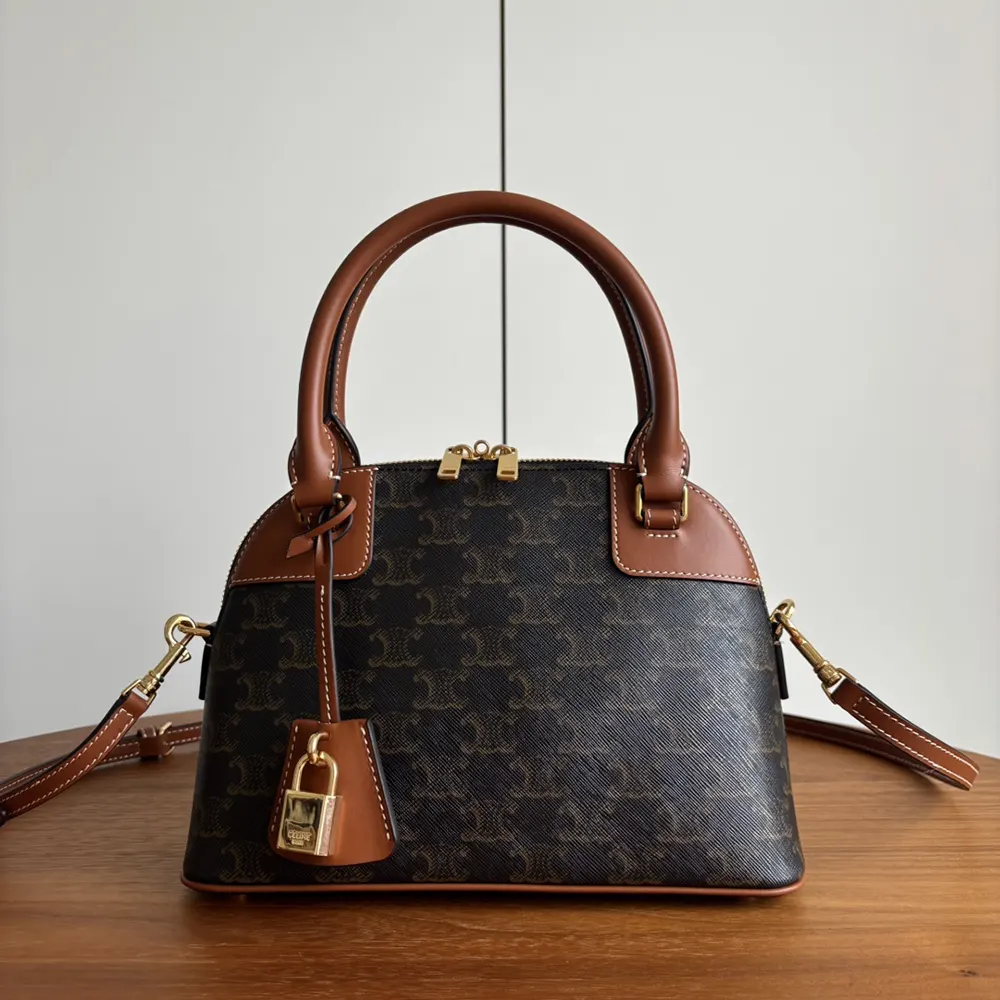 Close-up of gold-tone clasp and Triomphe canvas pattern on Celine Honorine Bag