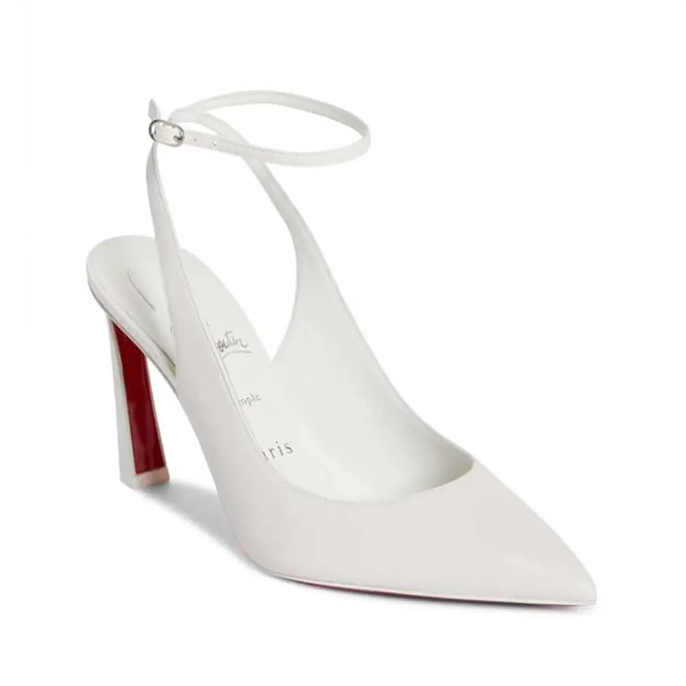 Side profile of Christian Louboutin Women Condora Pointed Toe Slingback Pump white leather