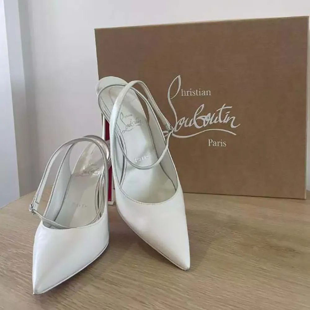 Close-up of red sole and pointed toe on Christian Louboutin Condora slingback