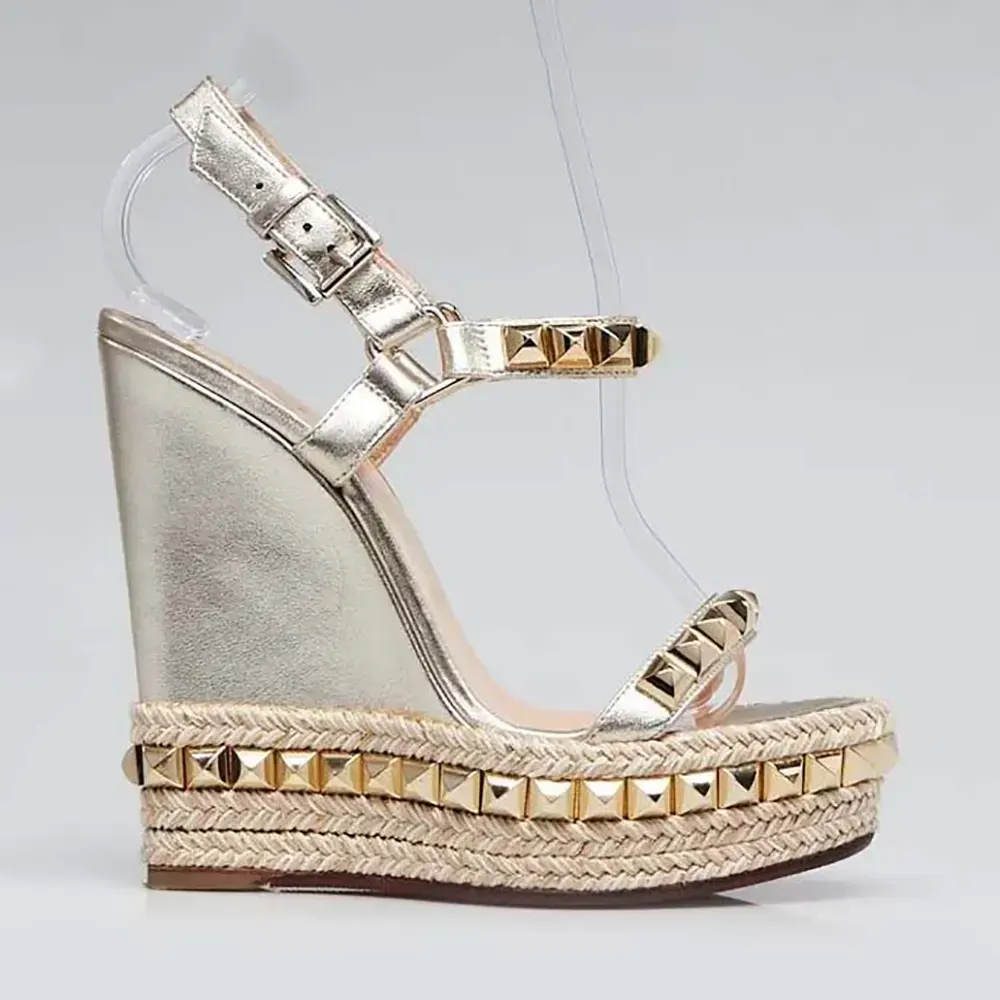 Side view of Christian Louboutin Women Platine Leather Studded Cataclou 140 Espadrille