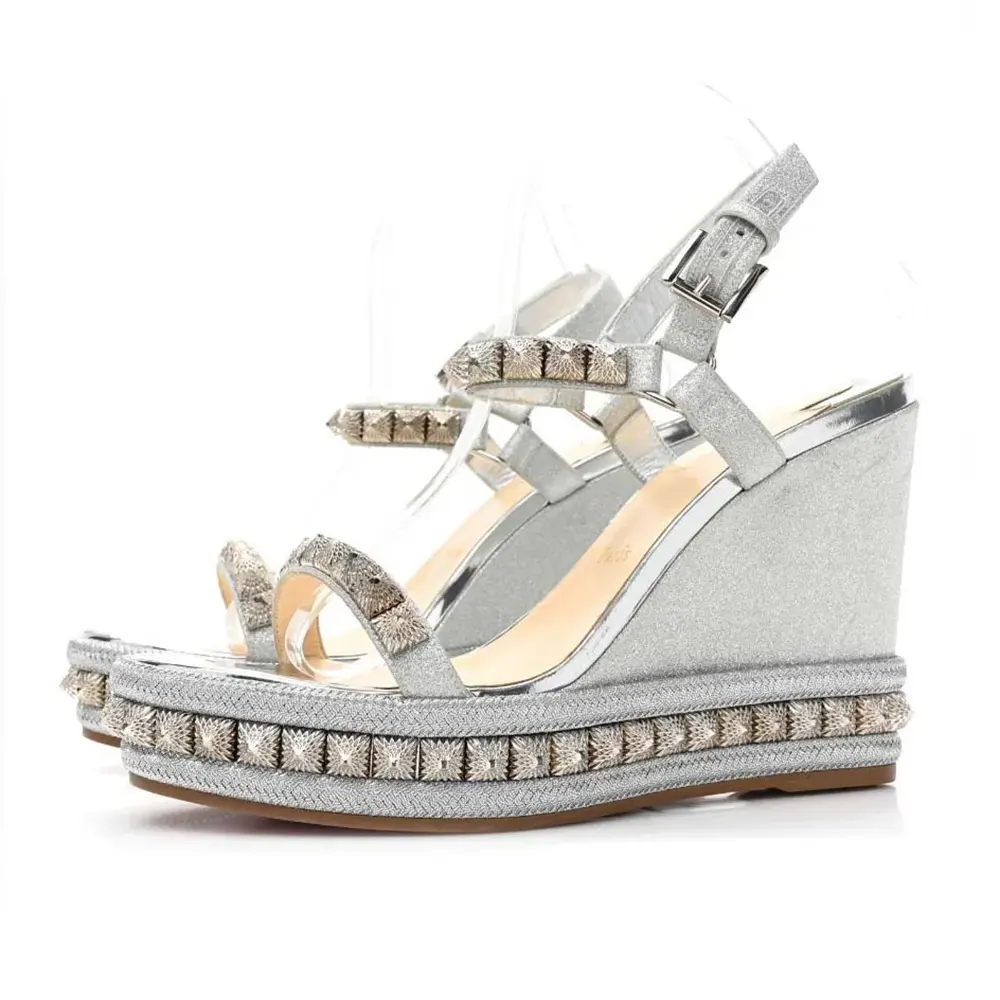 Side view of Christian Louboutin Women Silver Leather Calf Leather/Studded Cataclou 140 Platform Espadrille
