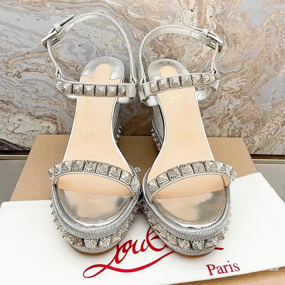 Christian Louboutin Women Silver Leather Calf Leather/Studded Cataclou 140 Platform Espadrille - image 6