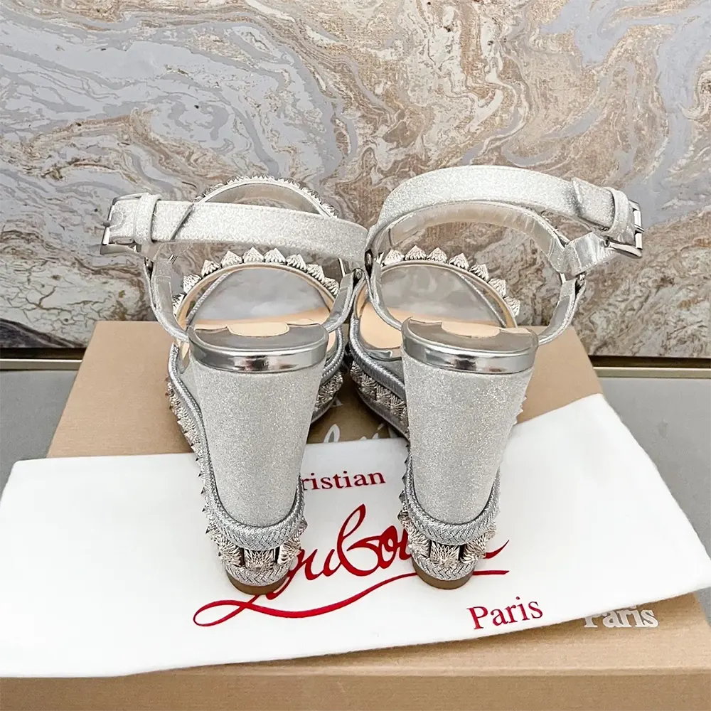 Christian Louboutin Women Silver Leather Calf Leather/Studded Cataclou 140 Platform Espadrille - image 8