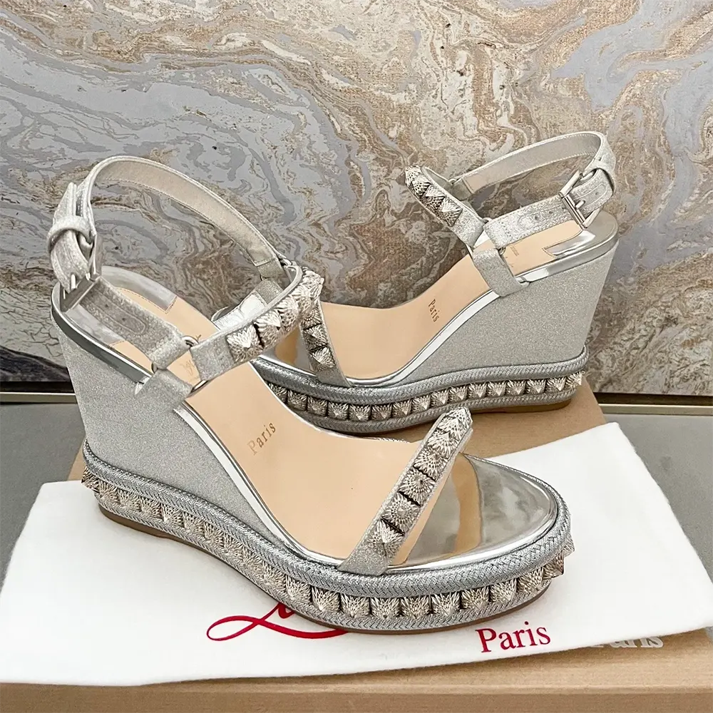 Christian Louboutin Women Silver Leather Calf Leather/Studded Cataclou 140 Platform Espadrille - image 4