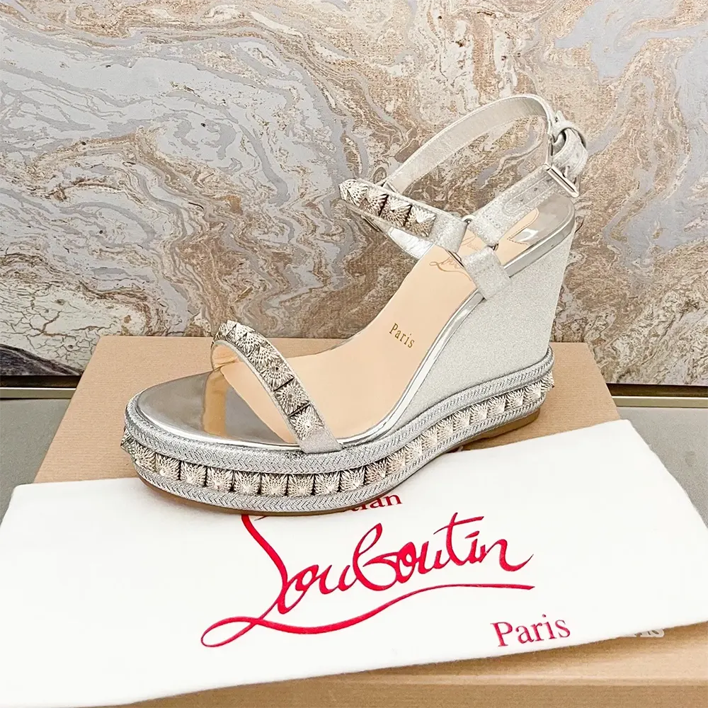 Christian Louboutin Women Silver Leather Calf Leather/Studded Cataclou 140 Platform Espadrille - image 5
