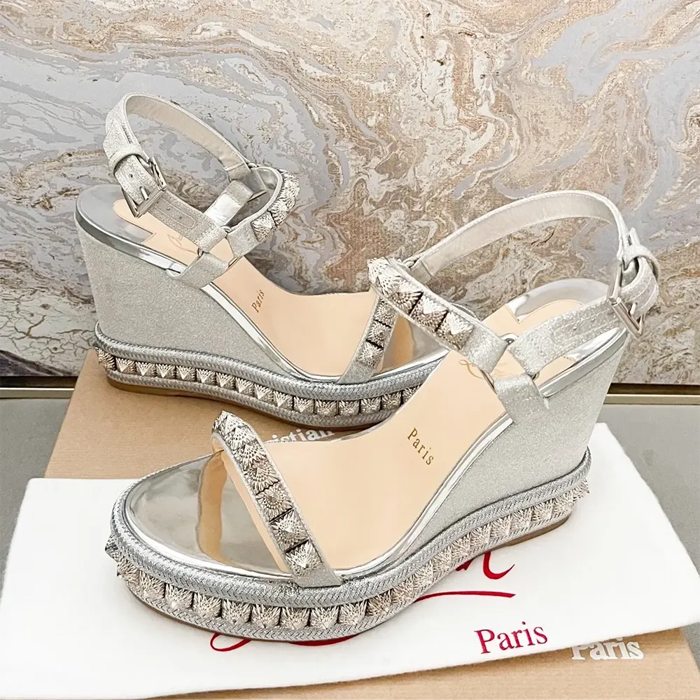 Top view showing silver calf leather and platform of Christian Louboutin espadrille