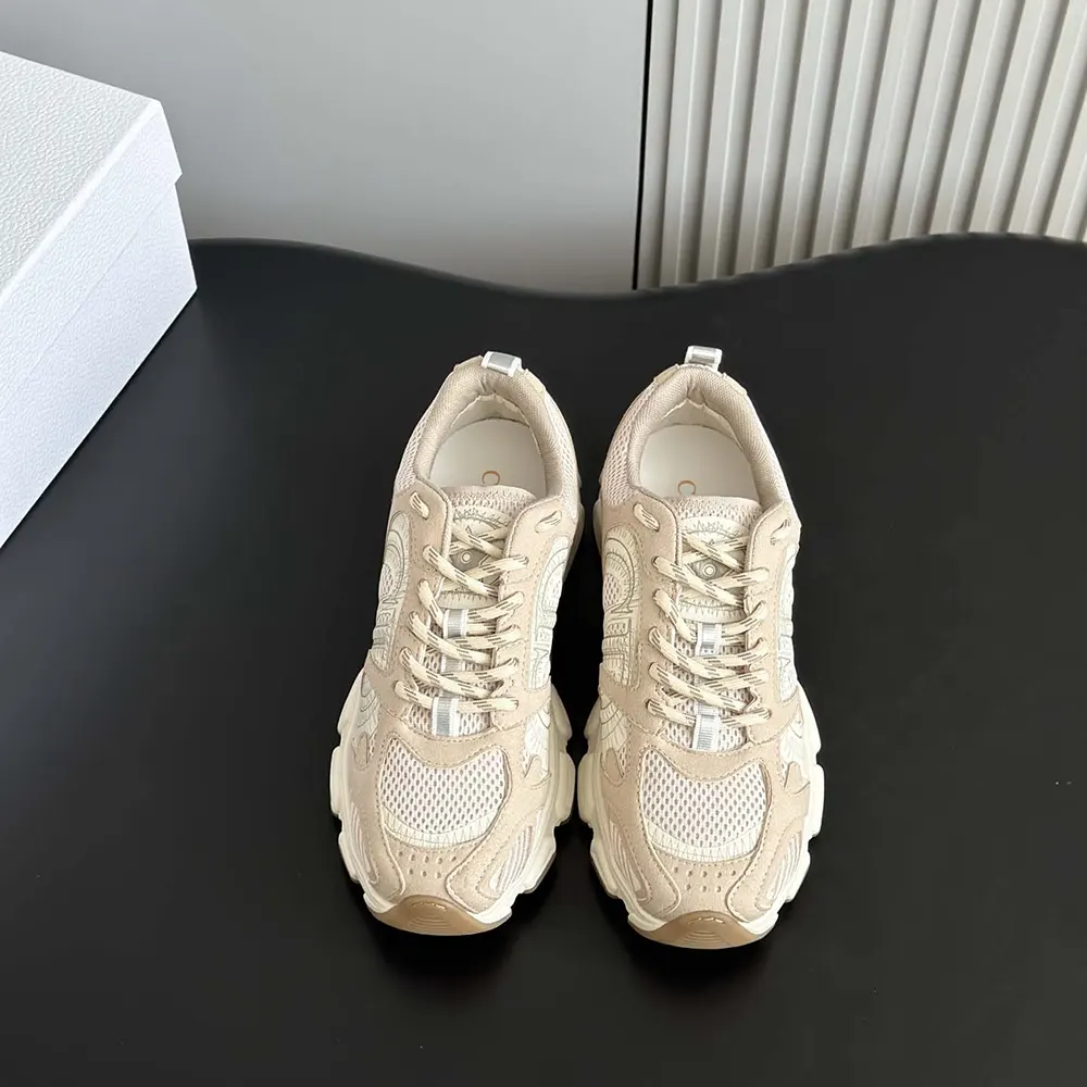 Close-up of silver Dior hardware on Chrono Sneaker beige design