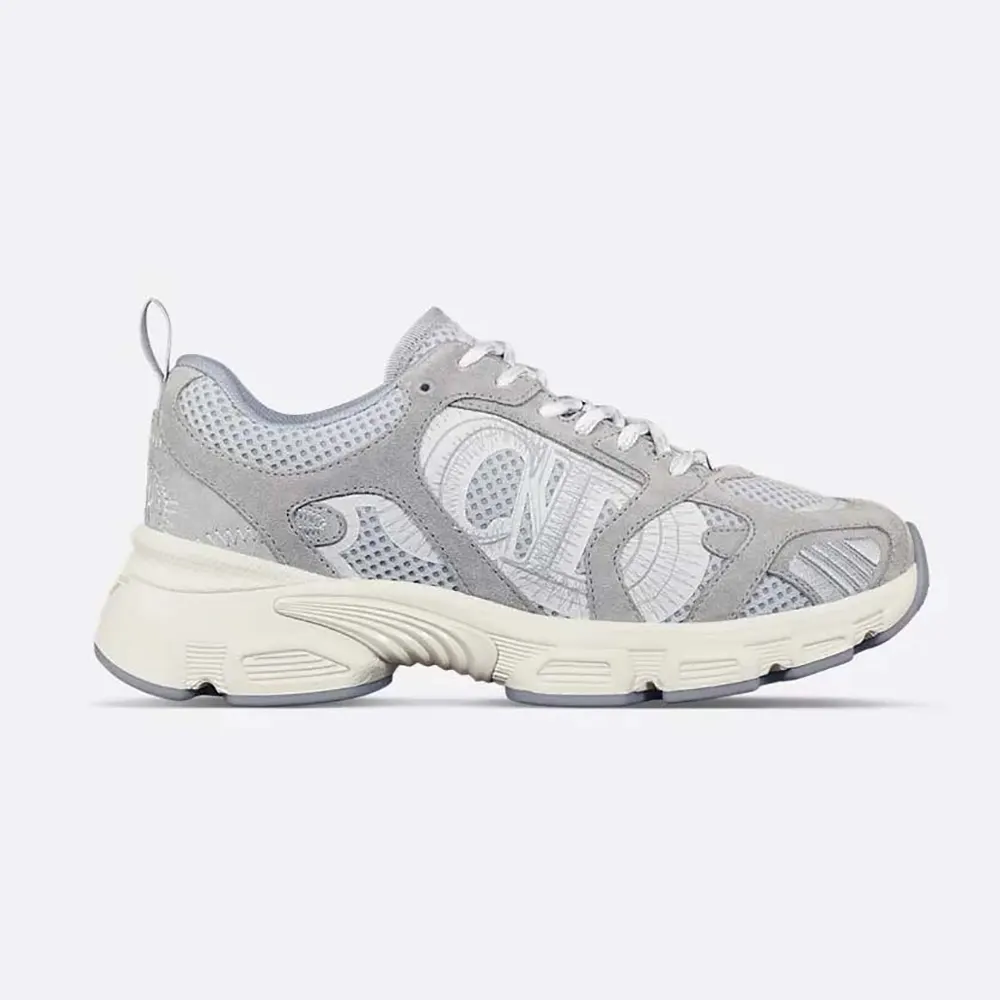 Side view of Dior Unisex Chrono Sneaker Gray Mesh and Suede Calfskin