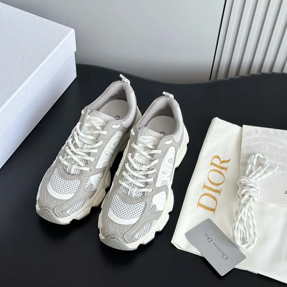 Top-down shot showing gray mesh and suede on Dior Unisex Chrono Sneaker