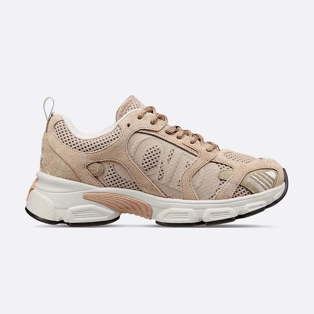 Side profile of Dior Unisex Chrono Sneaker Nude Mesh and Suede Calfskin in pink