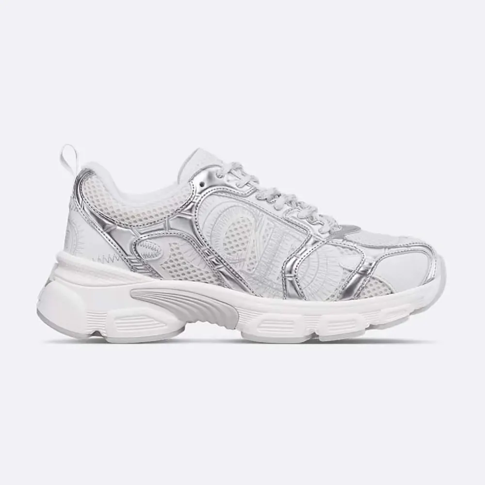 Front angle of Dior Unisex Chrono Sneaker White Mesh with Silver-Tone inserts