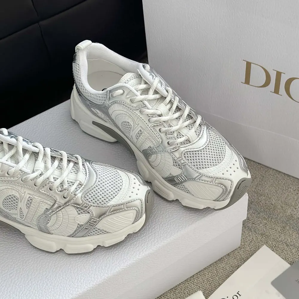 Dior Unisex Chrono Sneaker White Mesh with Silver-Tone and White Laminated Leather-Effect Inserts - image 11