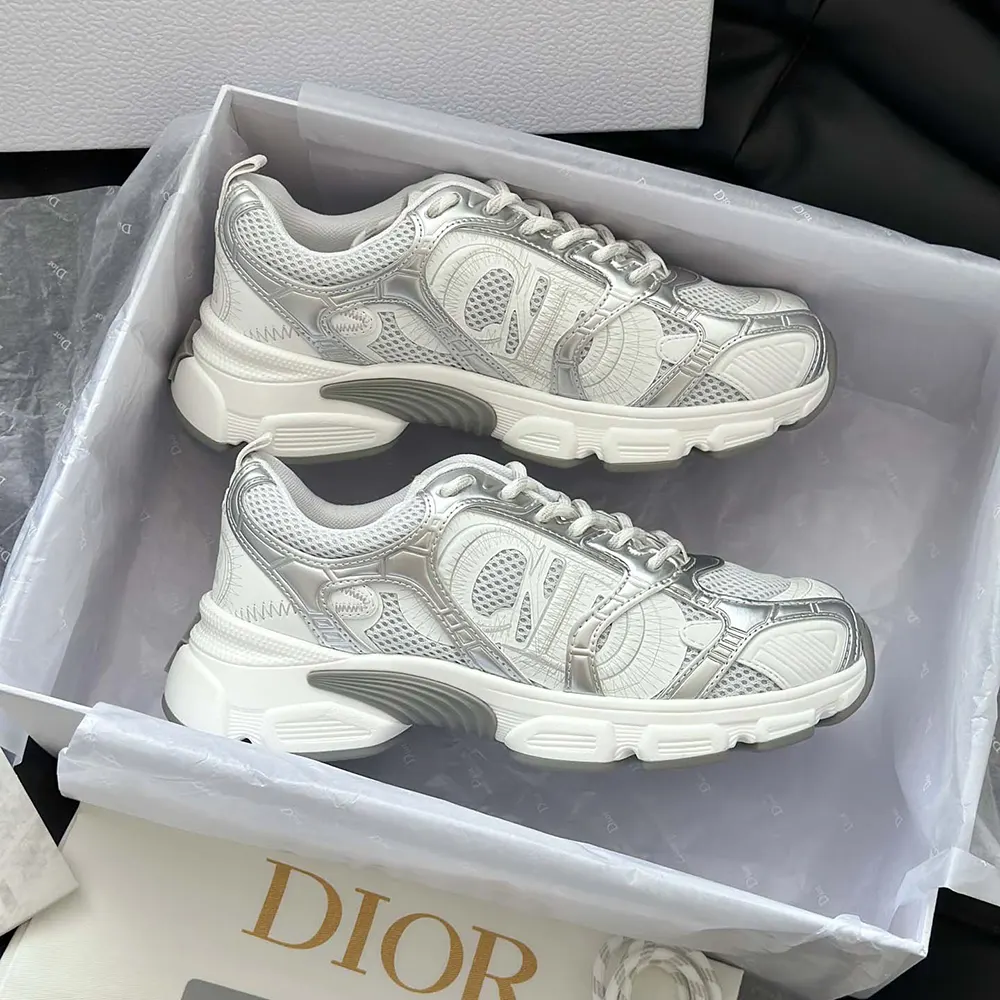 Dior Unisex Chrono Sneaker White Mesh with Silver-Tone and White Laminated Leather-Effect Inserts - image 9