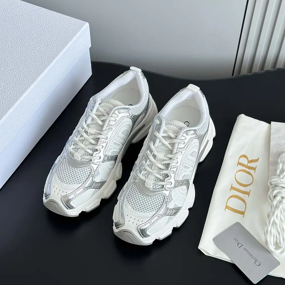 Dior Unisex Chrono Sneaker White Mesh with Silver-Tone and White Laminated Leather-Effect Inserts - image 4
