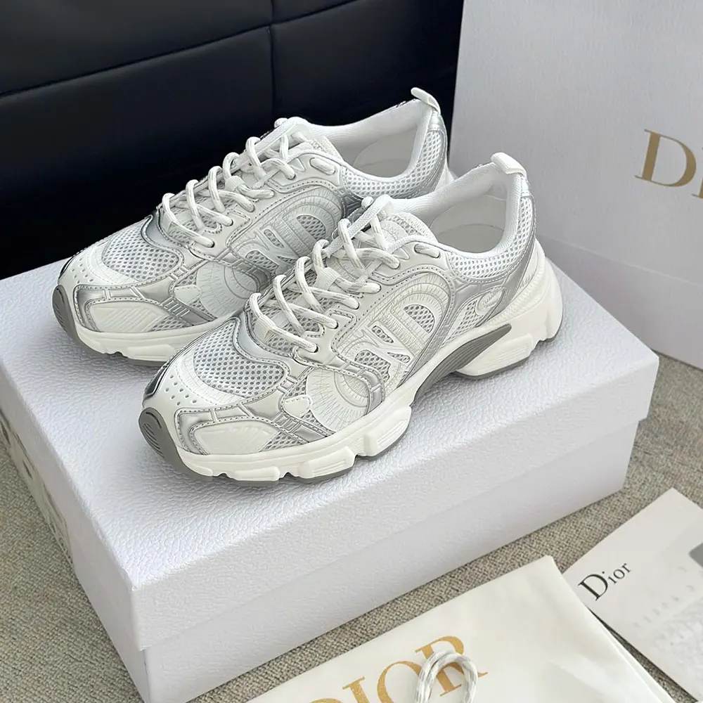 Dior Unisex Chrono Sneaker White Mesh with Silver-Tone and White Laminated Leather-Effect Inserts - image 7