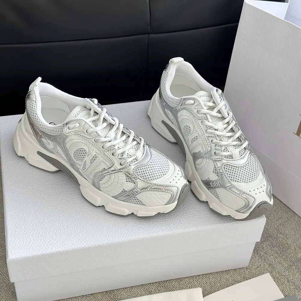 Dior Unisex Chrono Sneaker White Mesh with Silver-Tone and White Laminated Leather-Effect Inserts - image 6