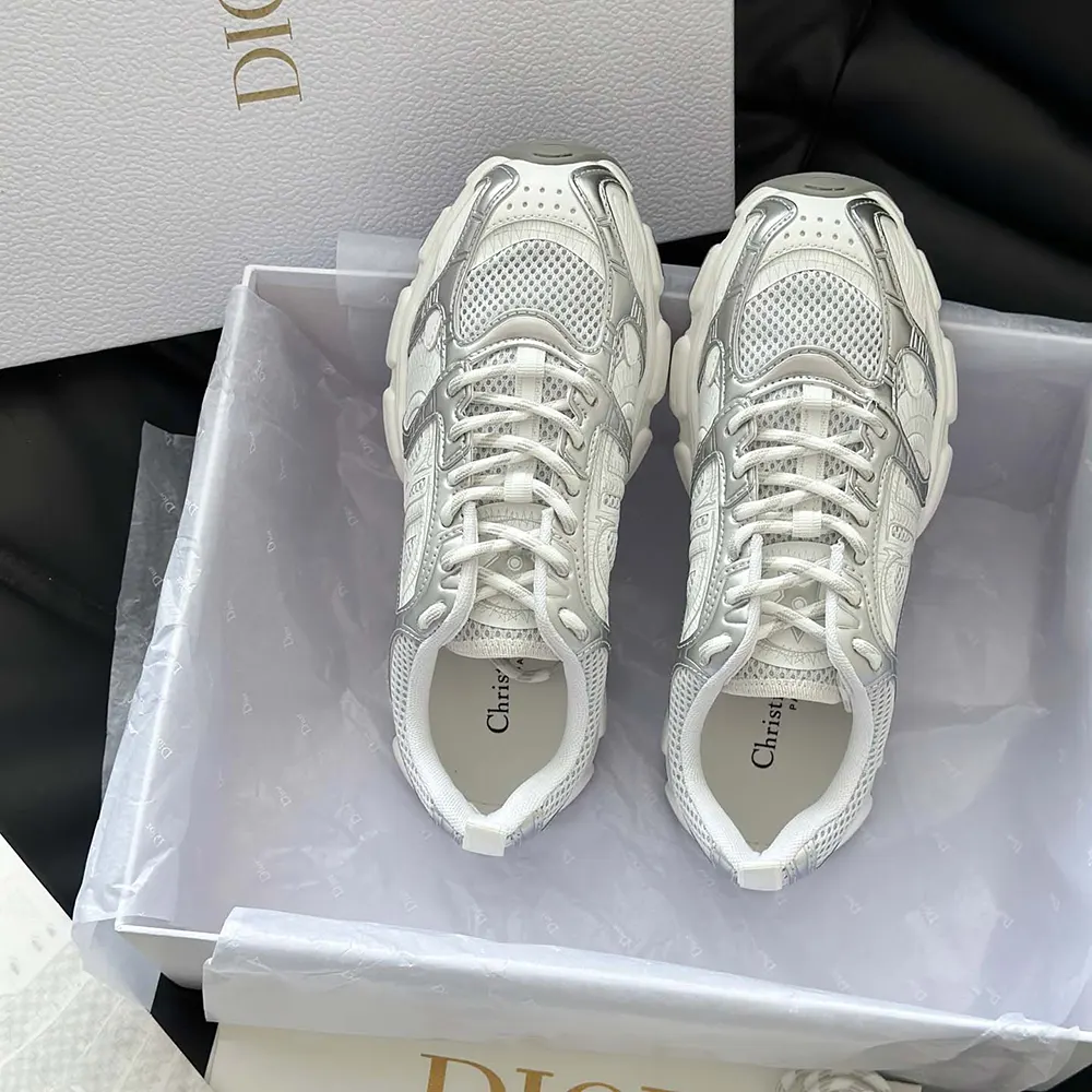 Dior Unisex Chrono Sneaker White Mesh with Silver-Tone and White Laminated Leather-Effect Inserts - image 5