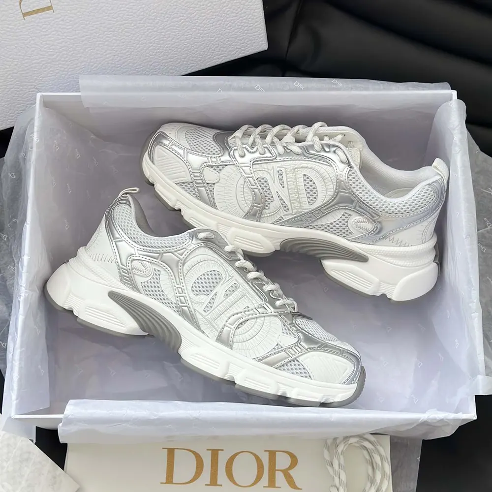 Dior Unisex Chrono Sneaker White Mesh with Silver-Tone and White Laminated Leather-Effect Inserts - image 10