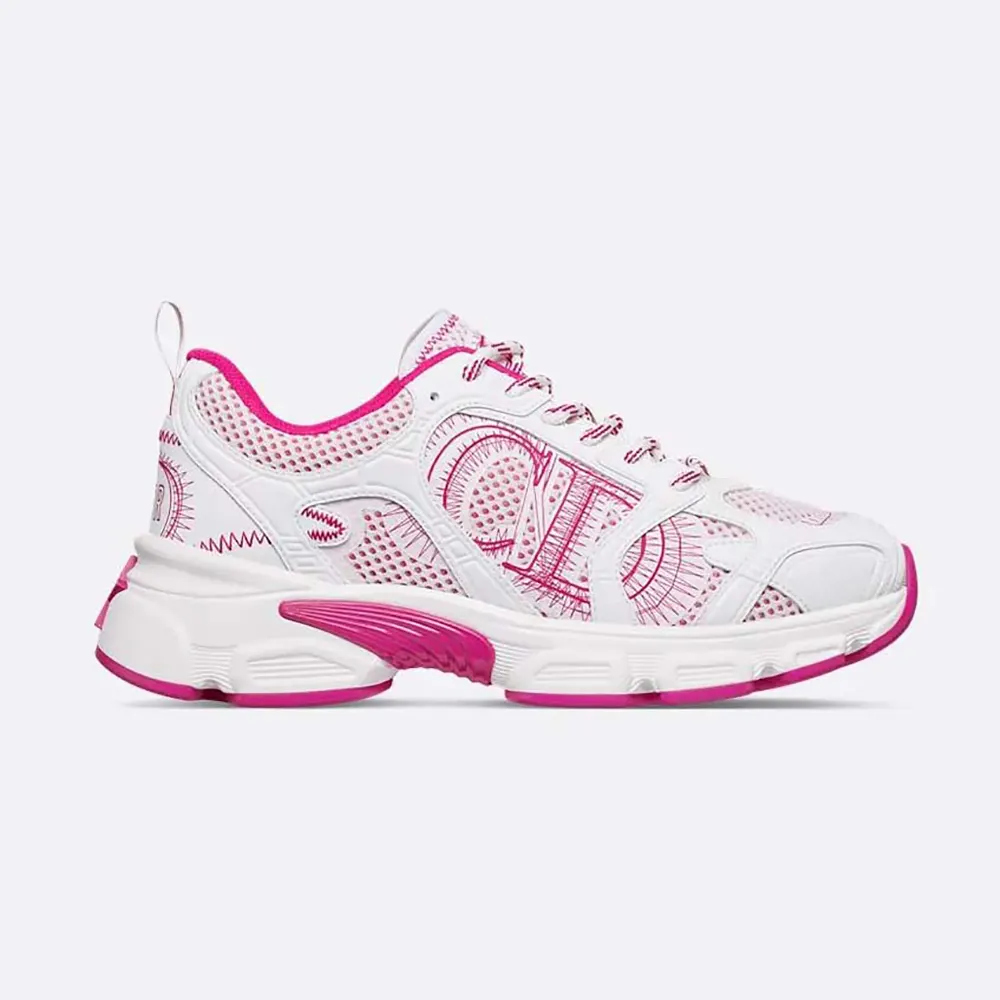 Side view of Dior Unisex Chrono Sneaker White and Fuchsia Mesh with Leather-Effect Panels