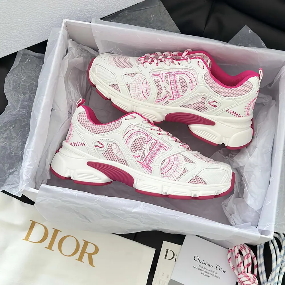 Dior Unisex Chrono Sneaker White and Fuchsia Mesh with Leather-Effect Panels - image 9