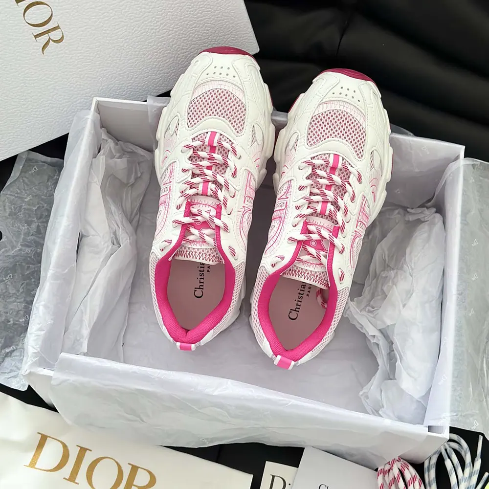 Dior Unisex Chrono Sneaker White and Fuchsia Mesh with Leather-Effect Panels - image 6