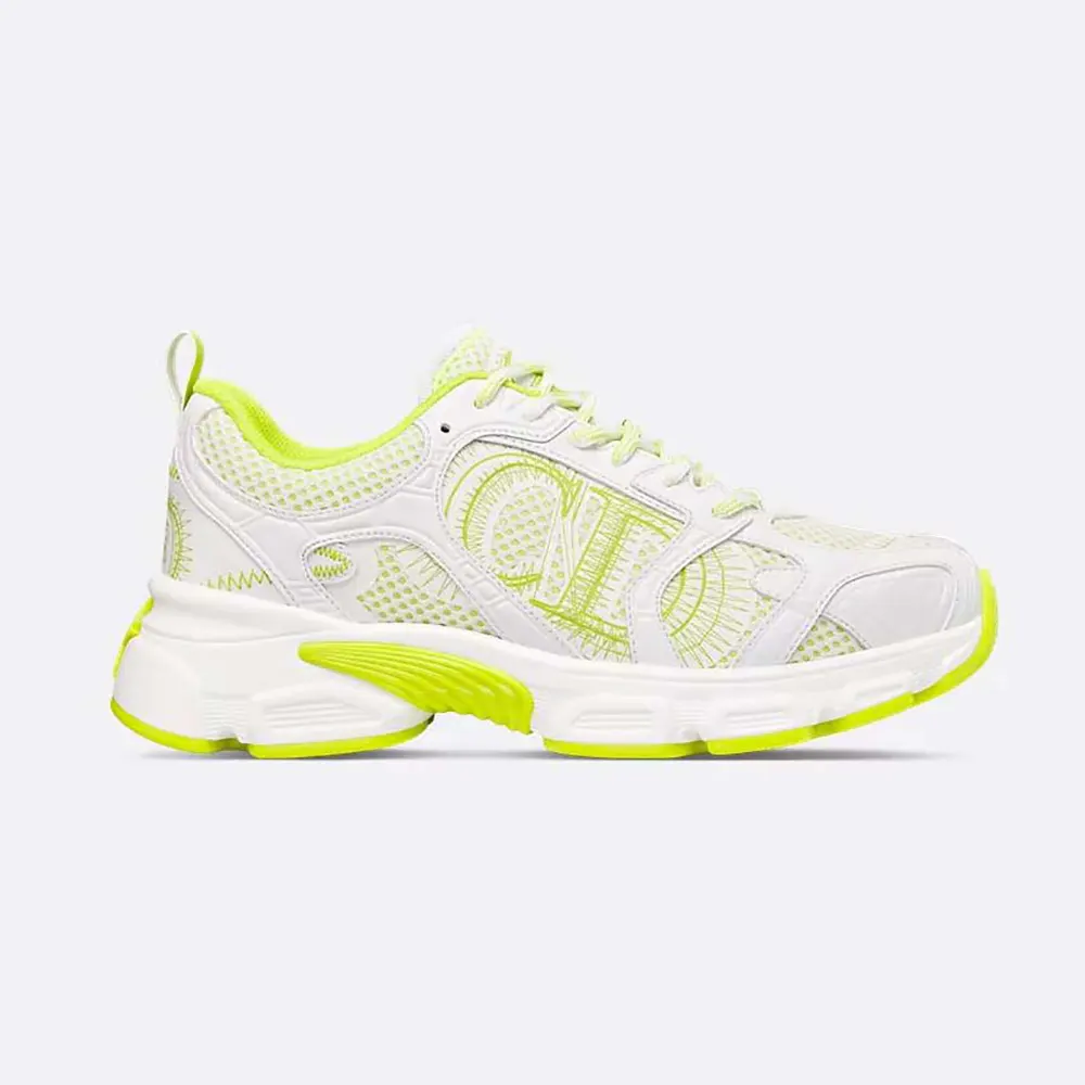 Side view of Dior Unisex Chrono Sneaker white and lime green